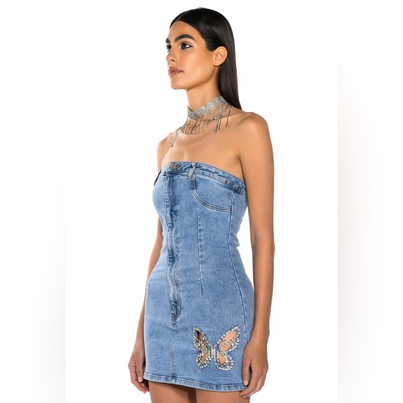 AKIRA Butterfly Kiss Embellished Denim Strapless Mini Tube Dress XL - Picture 2 of 10